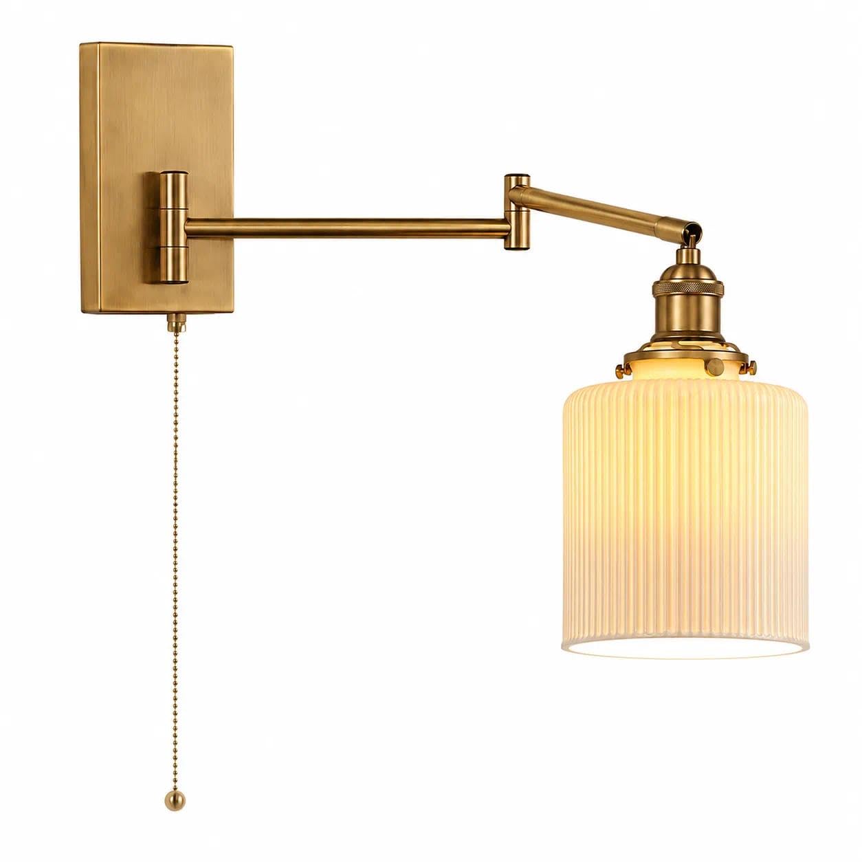 Lampada da parete a catena con braccio oscillante in oro, lampada cablata in vetro lattimo interruttore, applique regolabile in ottone spazzolato for mobile bagno, camera letto, corridoio(QXS-1)