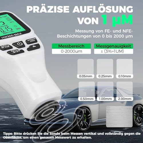 CYTGOUPER Digitales Lackmessgerät Auto, 0-2000 µm Lackdickenmessgerät für Auto, Einheitenumrechnung (Mikron, Millimeter, Mil), ABS Lackschichtdickenmessgerät zum Messen (Weiß)