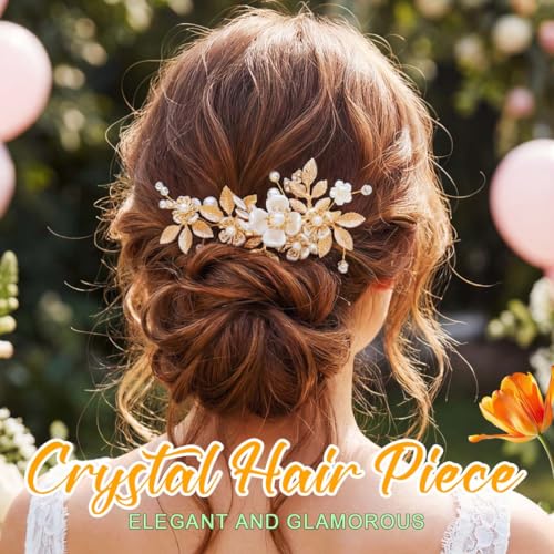 Pinza para cabello con flores y perlas dorada miniatura 7