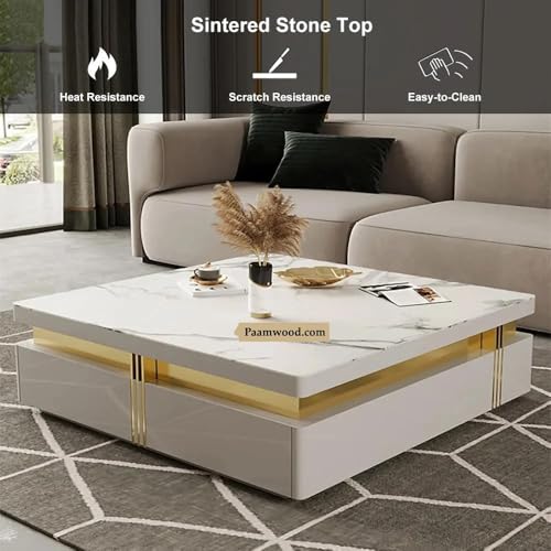 Image of Premium Marble-Top Wooden Center Table with Drawer for Living Room | Luxury Modern Coffee Table | Contemporary Design Craftsmanship - 36X36X17 Inch (White)