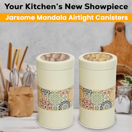 Image of Mandala Collection Airtight Kitchen Container Set| 1400ML- Set of 2| Food Grade Metal Jars for Rice, Atta, Besan & Flour Storage| Vacuum Lid, Rust Resistant| Beige Rangoli Canisters