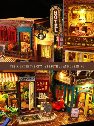 CRIOLPO Miniatura casa delle Bambole, Fai da Te Kit di Dollhouse di Legno, DIY Casa delle Bambole in Legno Majestic Mansion con Accessori e Mobili Book Nook Kit (Angolo della strada)