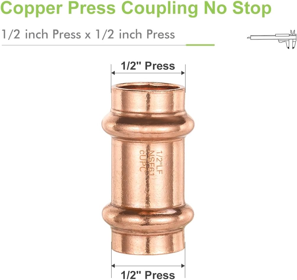 10-Pro Pack Copper Propress Fittings Plumbing Heavy Duty 1/2" Propress Coupling No Stop for Copper for Pipe Tubing connection，NSF cUPC Certificate