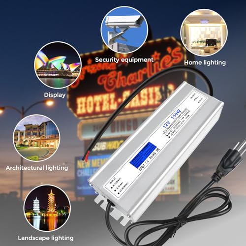 Image of LED Driver 150 Watts, IP67 Waterproof 12V Power Supply, AC 90-265V to DC 12V 12.5A Low Voltage Transformer with 3-Prong Plug 3.28ft Cable for LED Lights, Computer Project, Outdoor Use