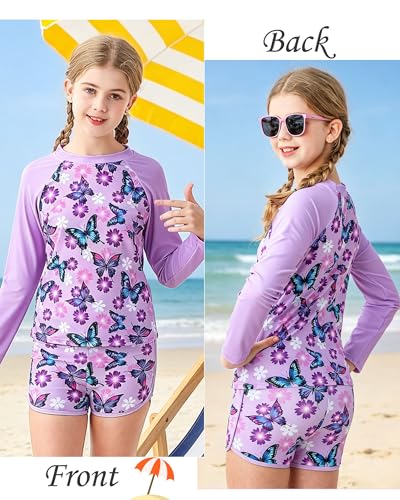 Image of TUONROAD Girls 2 Pieces Rash Guard Swimsuit Long Sleeve Tankini for 4-10 Years