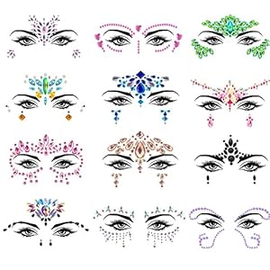 12 Sets Face Jewels Mermaid Rhinestones Stick on Temporary Tattoos Body Jewel Crystal Stickers Face Gems for Rave Festival Race Carnival Party