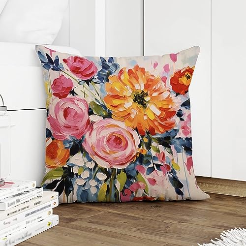 COVOME Bright Floral Pink Rose Dorm Outdoor Pillowcase Blooms Flower Painting Throw Pillow Cover Accent Waterproof Cushion Cover for Patio Furniture Porch 20x20 in