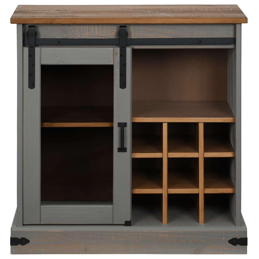 Credenza Halden in legno massello di pino grigio, 80 x 40 x 80 cm | Mobiletto compatto con anta scorrevole e 9 ripiani per vino in legno massello di pino per corridoio, cucina e soggiorno.