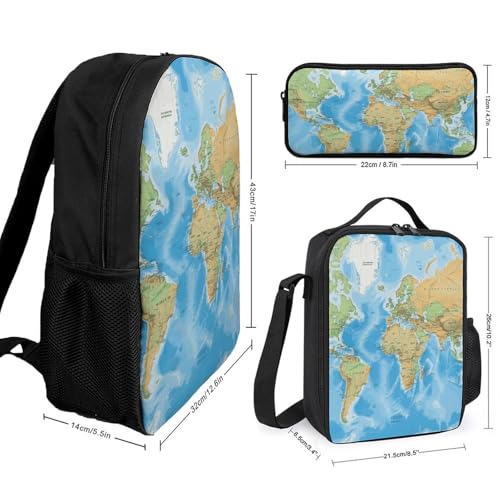 3 Piece Backpack for Women Men Lightweight Causal Daypack Shoulder Bag Set with Insulated Lunch Bag And Pencil Case Organizers World Map2