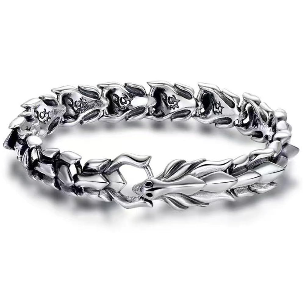 Pulsera Vintage de dragón de la Suerte Feng Shui de Plata Pura S925, protección de la Fortuna y la Riqueza, Amuleto Retro de Buena Suerte(B_20 CM)