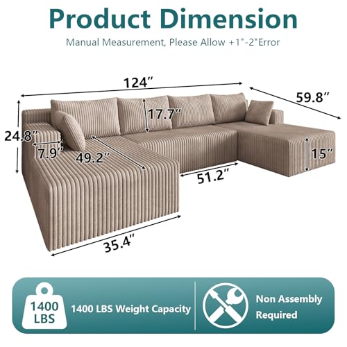 Image of 124 inch U-Shape Cloud Couch, Modern Modular Sectional U-Shape Sofa, Corduroy Boneless Couch Upholstered Couches Deep Seat Sleeper Chaise Longue for Living Room, No Assembly Required,Camel