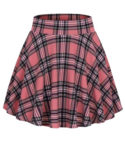 DJT FASHION Shorts for Women Basic Versatile Skorts Casual Stretchy Flared Skater Golf Tennis Mini Skirts with Shorts X-Large Coral Pink Plaid