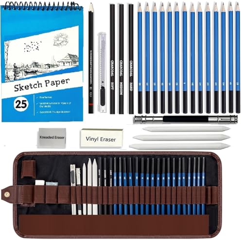 Image of Corslet 31 PC Drawing Pencils for Artists Kit 1 Hb Pencil Kit with A5 Sketch Book Sketching Kit Charcoal Pencil Art Supplies for Artist Blending Stump Sketch Pencils Set for Artists Drawing Kit Set