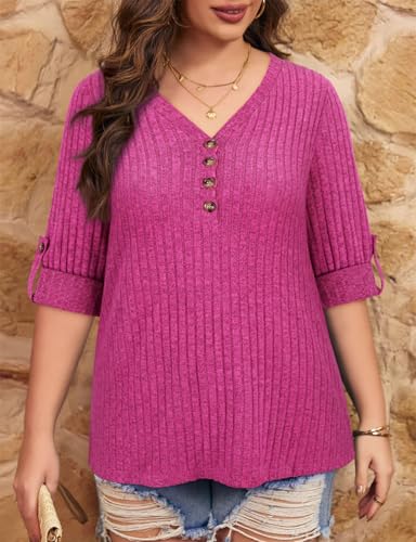 Image of Koscacy Women Plus Size V Neck 3 /4 Roll Sleeve Sweater Casual Knit Tops Solid Color Blouses