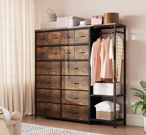 Garvee Commode Chambre avec 16 Tiroirs, Penderie Intégrée Et Étagères Ouvertes, Meuble De Rangement en Tissu avec Structure Métal pour Chambre Entrée...