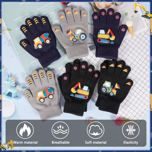 6 Pairs Children's Magic Gloves, Unisex Stretch Mittern Warm Knit Gloves Winter Thermal Glove Kid’s Full Fingers Glove Cold Weather Mitterns Excavator Pattern for Boys Girls 4-12 Years4