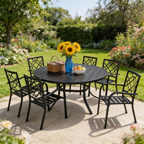 Image of SUNCROWN 7-Piece Outdoor Wrought Iron Chairs and Table Patio Dining Furniture Set - 6 Stackable Metal Chairs, 1 53 inch Round Steel Slat Bistro Table for Garden Backyard Deck