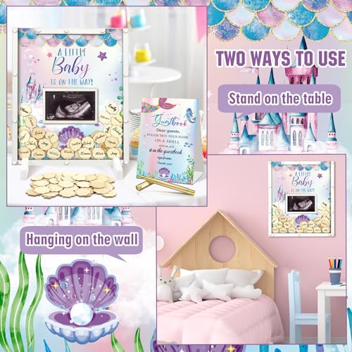 Image of Beeveer 65 Pcs Mermaid Baby Shower Guest Book Alternatives Sea You Soon Baby Shower Decorations Under The Sea Sign in Guest Book with Picture Frame and 60 Wooden Chip Mermaid Party Favors