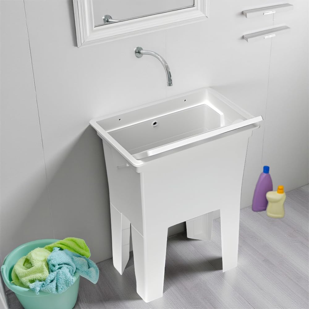 Buystar Lavandino Monoblocco in Resina Bianco 59x40x74h cm - da Esterno, Interno, Vasca, Garage, a Mano, Lavanderia, Lavatoio, Lavapanni, Resistente agli Acidi, Portasapone - Made Italy