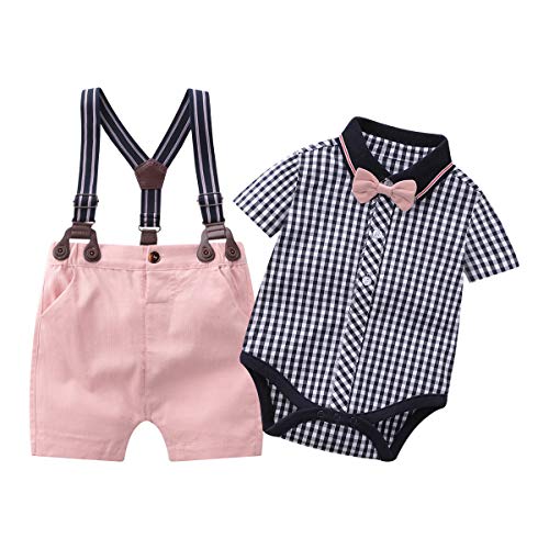 Baby Boys Gentleman Outfits Suits, Infant Short Sleeve Shirt+Bib Pants+ Tie Overalls Clothes Set,12-18M #TOP6