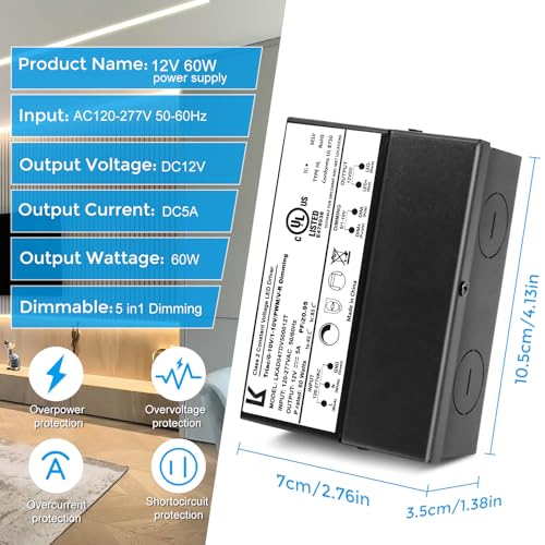 Image of 12V 60W Dimmable LED Driver, 5-in-1 Triac /ELV /MLV /0-10V /1-10V /PWM /V-R Dimming AC to DC Power Supply, IP67 Waterproof LED Transformer, UL Listed, Compatible with Lutron & Leviton Dimmer