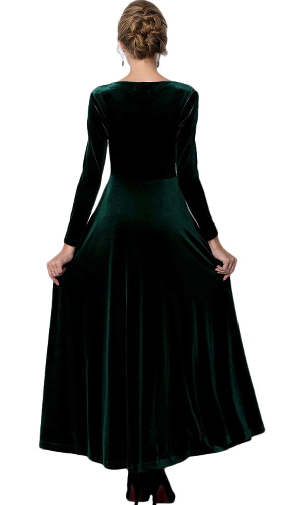 Damen Elegant V-Ausschnitt Langarm Samt Maxi Kleider Party A Linie Lang Abendkleider