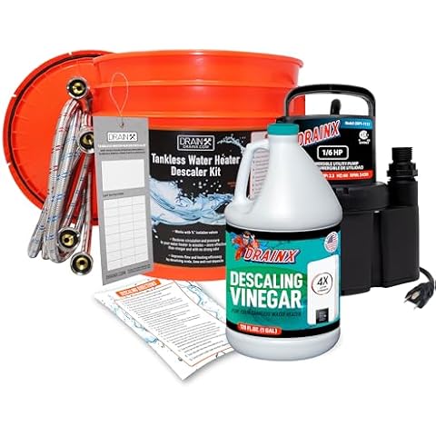 DrainX Tankless Water Heater Flushing Kit with Gallon Concentrated Vinegar, Dilutes to 4 Gallons, Heavy Duty 1/6HP Extra Strength Pump and Hoses. Cover