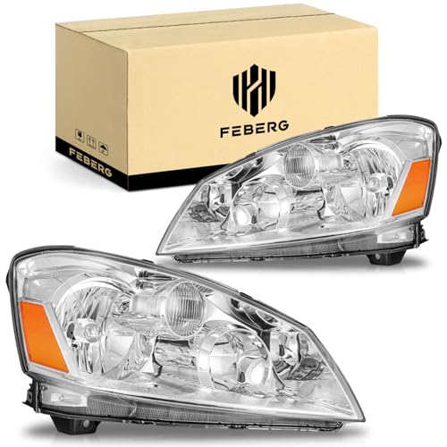 FEBERG [OE Style Anti-Yellowing Halogen Headlights for 2005-2006 Nissan Altima 4-Door Sedan Headlight Assembly Compatible with 2005 2006 Altima Replacement Chrome Housing Amber Reflector
