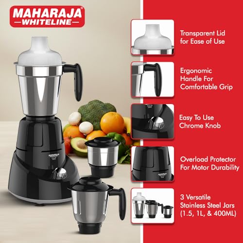 Image of Maharaja Whiteline MG Flora DLX MX-240 550W Mixer Grinder with 3 Jars | Powerful Motor | Black & Grey | Multipurpose Kitchen Mixer | 5 Years Motor Warranty