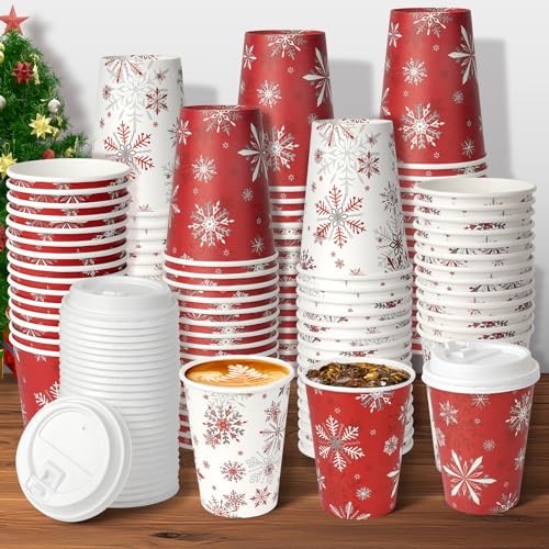 100Set Christmas Paper Cups with Lids 12oz, Bulk Disposable Winter Red Snowflake Cups Coffee Cups, Holiday Paper Cups for Hot Chocolate Cold Drinks Christmas New Year Winter Party Supplies Decorations