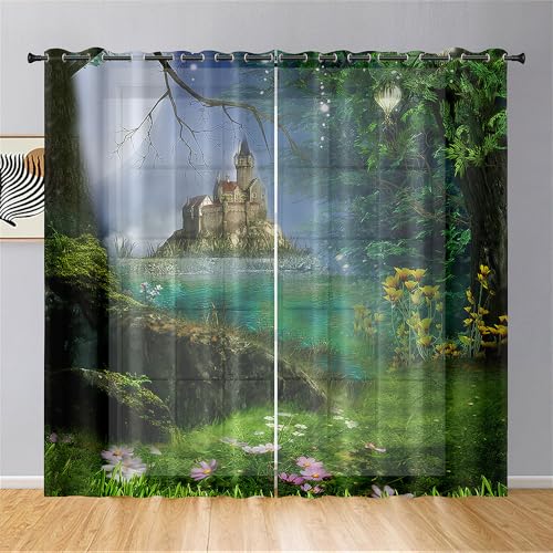 Hiseng Rideaux Voilage à Oeillets, Semi-Transparent en Effet Voile Décoration de Fenêtre Salle de Bain Salon Balcon Chambre Cuisine,Tulle 2 Panneaux -Conte...