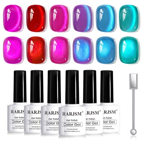 RARJSM Diamond Glitter Cocktail Cat Eye Gel Nail Polish Set 6Pcs Velvet Mint Green Sky Blue Violet Purple Fuchsia Magenta Ruby Red Smoothie Cateye Gelpolish with Magnetic Stick Curing Require