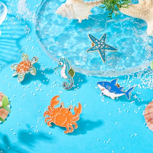 Image of 5Pcs Sea Animal Enamel Pins for Backpack, Cute Cartoon Ocean Animal Crab Starfish Sea Horse Shark Turtle Brooch Badges, Marine Life Creature Series Lapel Badges for Bags Hats Clothes Decor