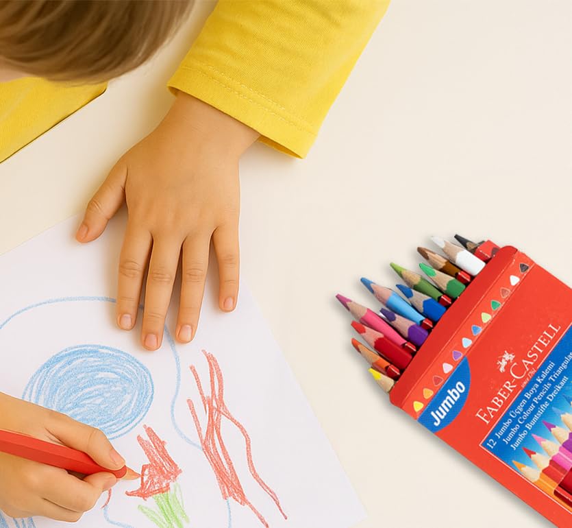 Faber-Castell Jumbo Boya Kalemi, 12 Renk, Kalın Gövde ve Uç, Kırılmaya Dirençli Özel Yapıştırma Sistemi, Kolay Açılır, Çocuklar İçin Güvenli