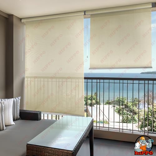 Image of HIPPO 180 GSM HDPE Outdoor Balcony Roller Blind with UV & Dust Protection- Smooth Corded Roll-Up & Down System, Light Filtering Shade for Balcony & Garden Use (Ivory-Glow, 3FTX6FT)