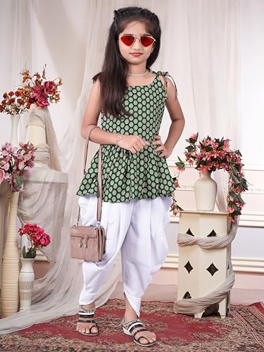 Image of Girls Ethnic Printed Peplum Top and White Dhoti Pant Set | Stylish Sleeveless Kurti with Comfortable Bottom | Traditional Festive Outfit for Kids