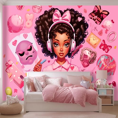 Papel pintado Estilo De Personaje De Dibujos Animados, 250 x 175 cm Rosa Papel tapiz fotográfico personalizado no tejido para sala de estar, decoración de pared para habitación de niños