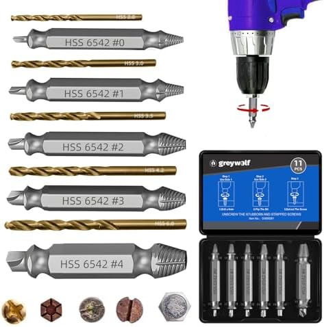 Greywolf 11 pcs Damaged Screw Extractor Set, Hardness 63-65HRC, Screw Extractor Remover Set and 5 pcs HSS Drill Bit Set, Bolt Extractor Kit for Damaged, Broken, Stripped Screws