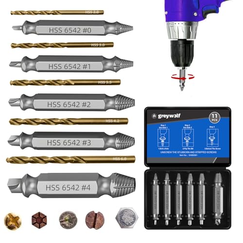 Greywolf Lot de 11 extracteurs de vis endommagées, HSS6542, dureté 63-65HRC, extracteur de vis et 5 forets HSS, kit d'extracteur de boulons pour vis...