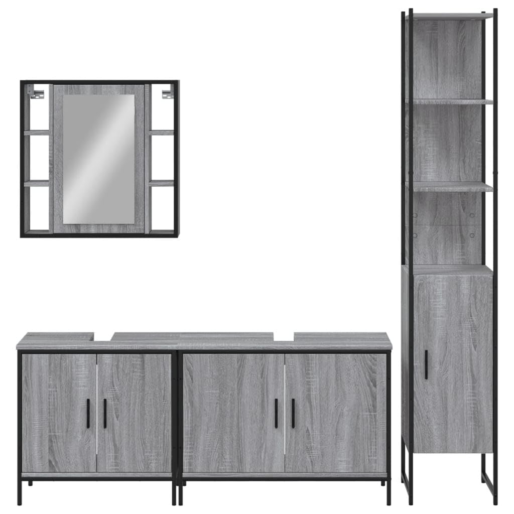 SYDE Set Armario de Baño 4 Pzas Madera Contrachapada Gris Sonoma | Con Espejo y Estante, Acero Recubierto, Patas Ajustables, Fijación a Pared