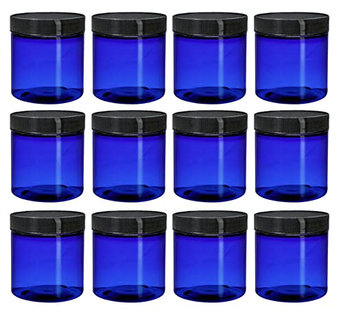 ljdeals 8oz Blue PET Plastic Jars with Lids, Refillable Empty Round Containers, Pack of 12, BPA Free, Made in USA, Perfect for Kitchen, Cosmetic, Lotion, Personal Care Products and more