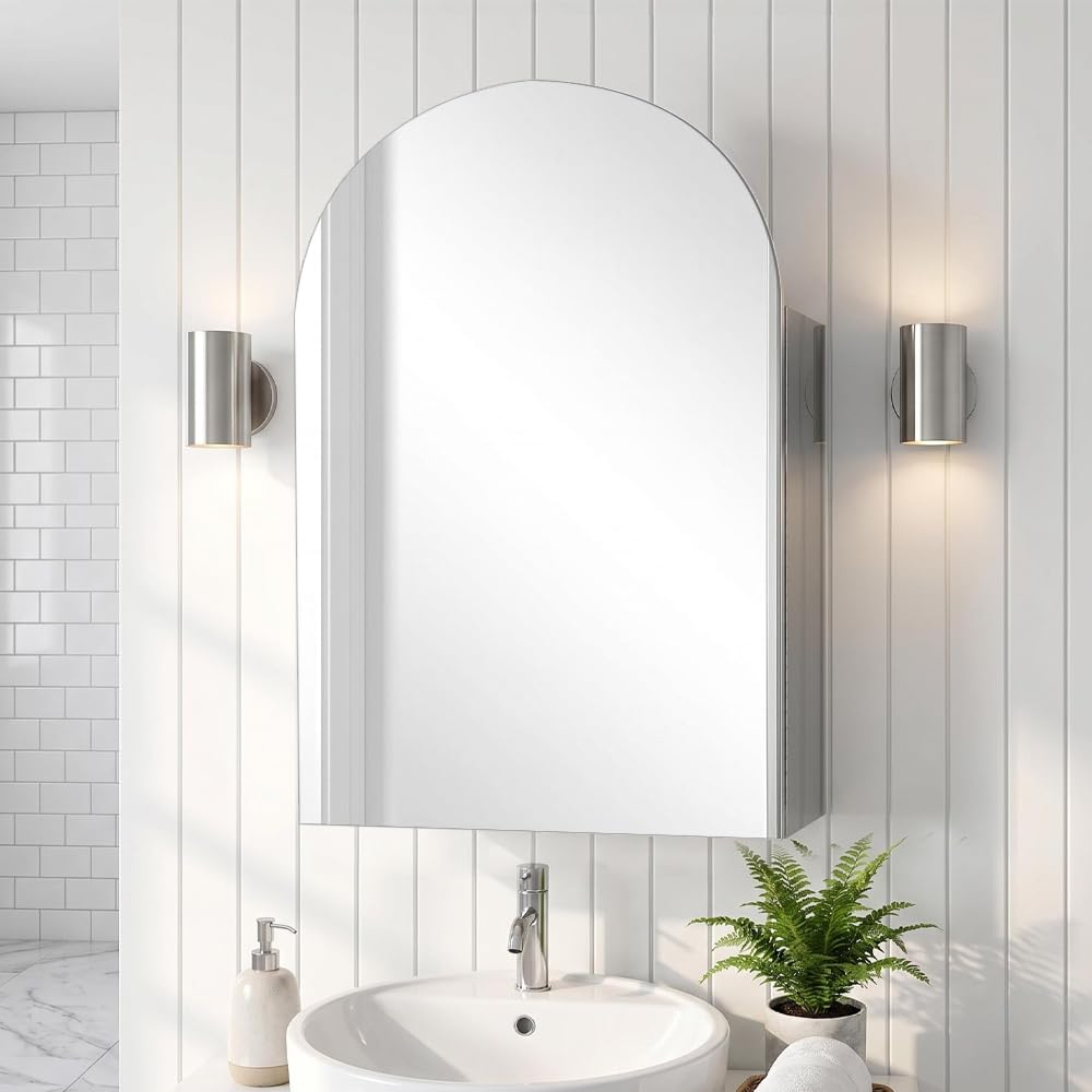 KAASUNES Arched Bathroom Mirror Cabinet, HD Copper-Free Mirror, Rust-Resistant Stainless Steel, Fixed Shelves for Storage, Wall Mount（No assembly required），White，40x60cm