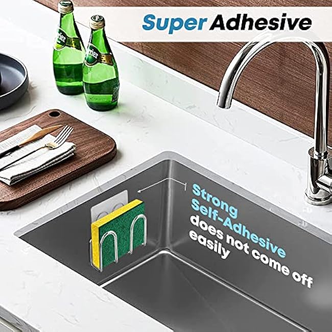 KESOL Kitchen Sponge Holder | Sink Caddy for Sponges, Scrubbers, Soap. No Drilling, Adhesive, Rustproof SUS304 Stainless Steel, Compact Kitchen Sink Accessories