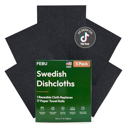 Product Image of the FEBU Swedish Dishcloths for Kitchen | 5 Pack Black Reusable Paper Towels Washable | Swedish Dish Towels | Non-Scratch Cellulose Sponge Cloths | No Odor, Biodegradable Cleaning Cloths