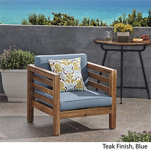 Great Deal Furniture Louise Outdoor Acacia Wood Club Chair With Cushion, Teak Finish And Blue #TOP3