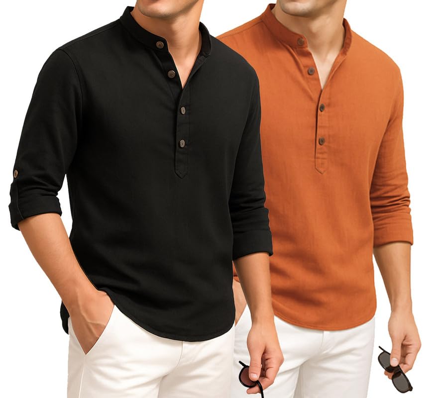 Image of DEELMO Combo of Men's Cotton Blend Solid Regular Fit Full Sleeve Short Kurta | Men's Trendy Short Kurta Pack of 2