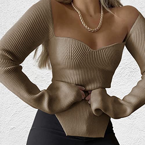 Image of Women's Square Neck Ribbed Knitted Sweater Long Sleeve Crop Slim Fitted Basic Pullover Tops
