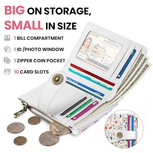 Image of Small Wallet for Women, RFID Blocking Bifold Card Holder Wallet with 10 Card Slots, Cash Compartment, Zipper Coin Pocket & ID Window, Cute Soft Vegan Leather Compact Wallet, Wildflower