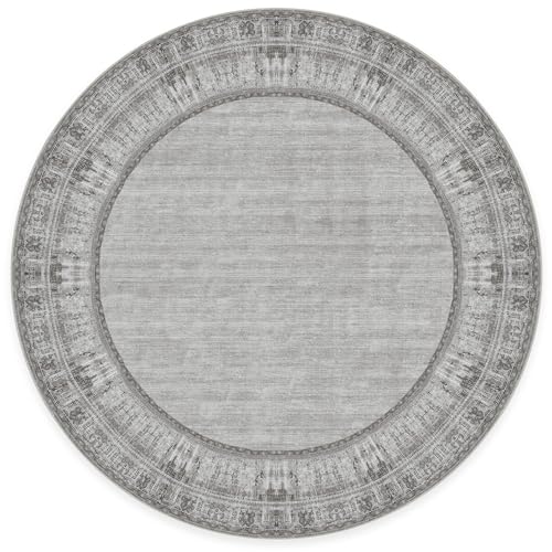 RUGGABLE Washable Area Rug – Zinnia Grey 8 ft Round, Stain-Resistant, Non-Slip with Standard Pad – Large Machine Washable Rugs for Living Room, Bedroom, Hallway, Entryway & Office