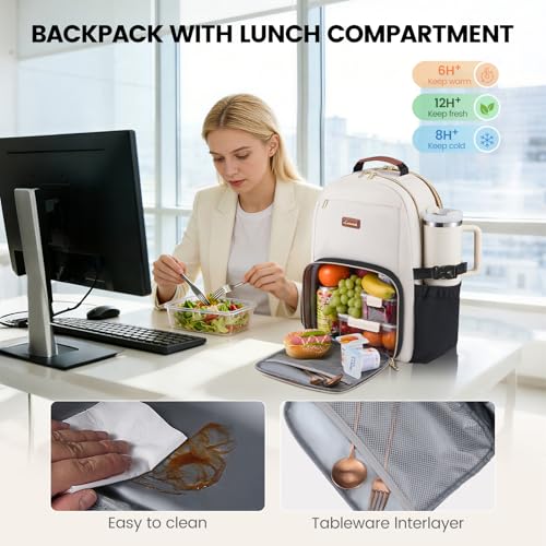 Image of LOVEVOOK Lunch Backpack with Lunch Compartment,17 Inch Laptop Work Travel Insulated Cooler Backpack,Waterproof College Teacher Lunch Bag Box with Tumbler Holder,Gifts for Men Women,Beige-Black-Brown